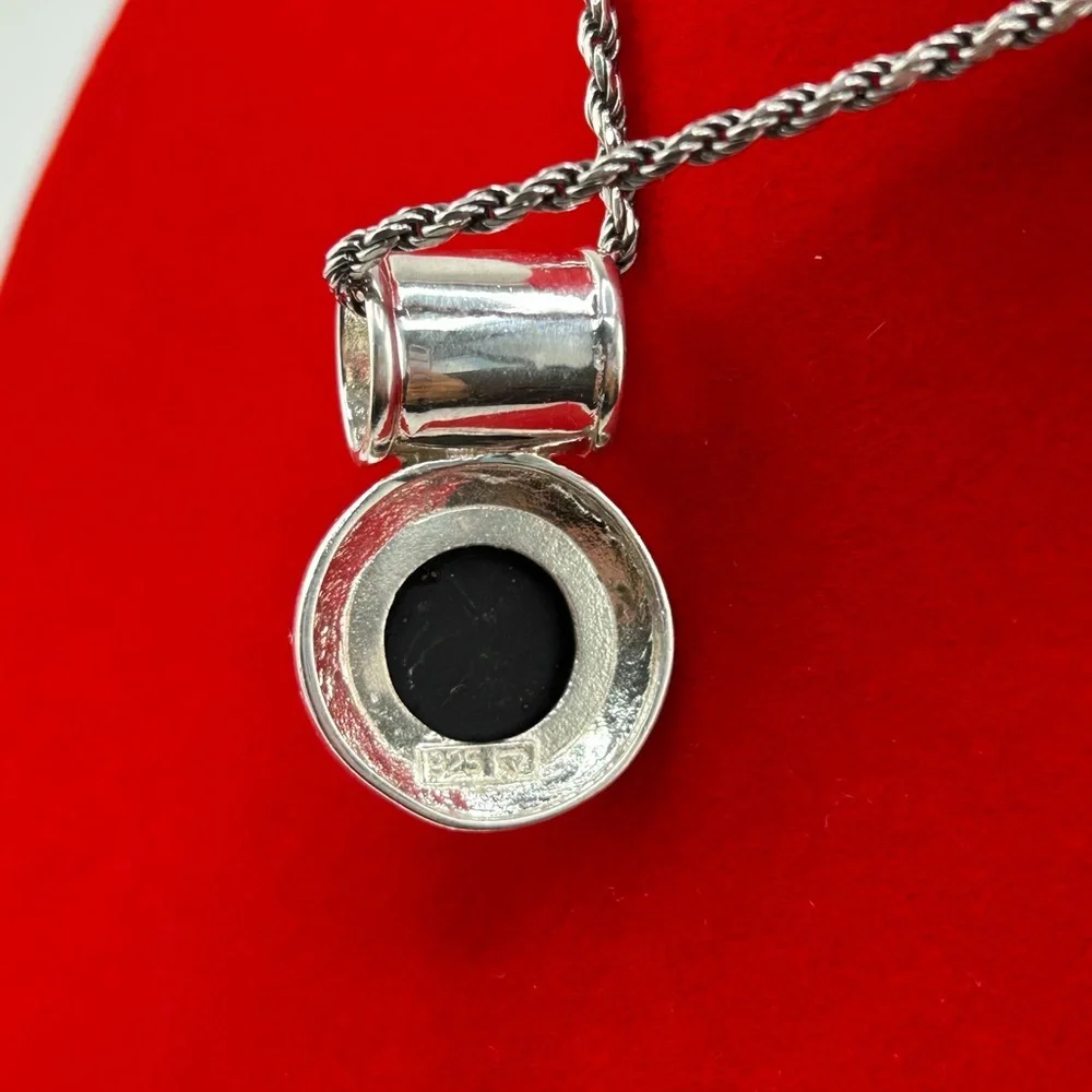 VTG 925 Sterling Silver Deco Onyx Marcasite Circle Pendant Necklace